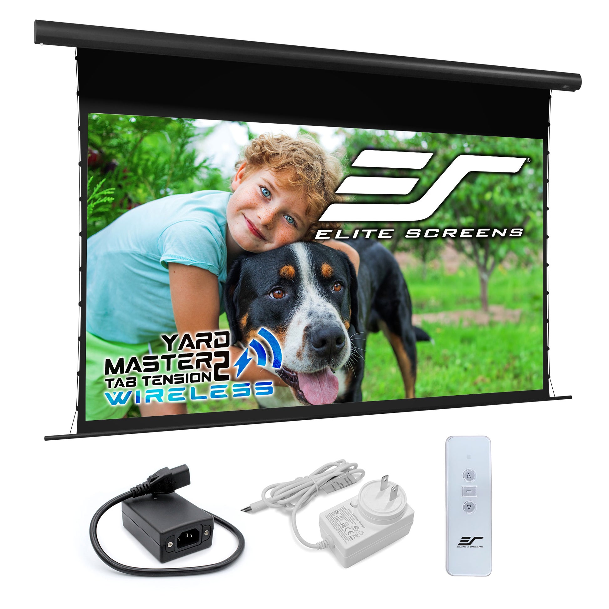 Elite Screens Yard Master 2 Tab Tension Wireless outdoor projection screen with accessories on a white background