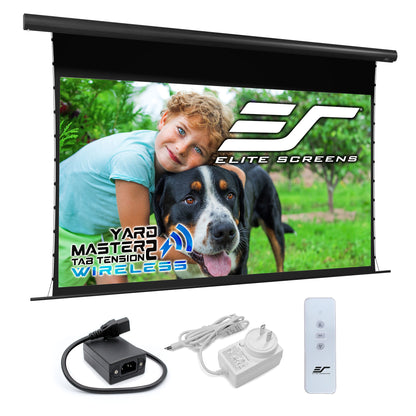 Elite Screens Yard Master 2 Tab Tension Wireless outdoor projection screen with accessories on a white background