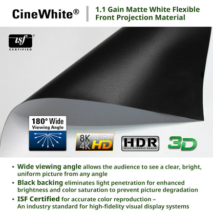 CineWhite 1.1 Gain Matte White Flexible Front Projection Material with ISF certification on a white background