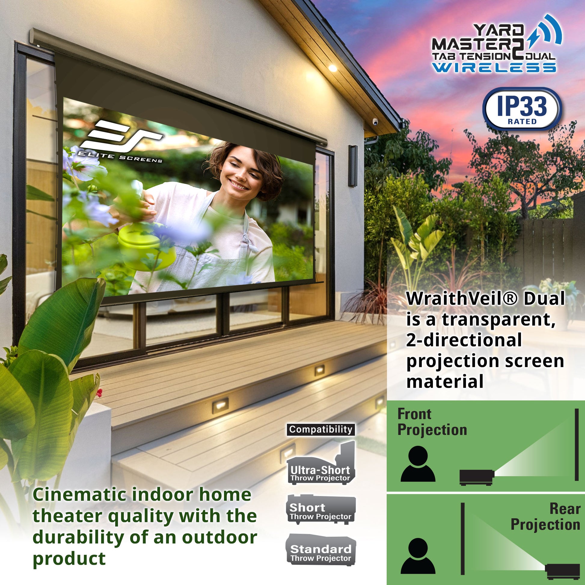 Outdoor home theater setup with transparent projection screen material, featuring Yard Master branding.