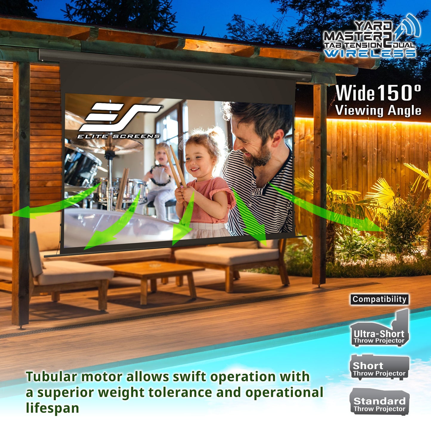 Outdoor screen with family watching a movie, Elite Screens branding visible, on a wooden deck by a pool.