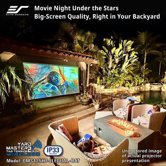 Outdoor movie night setup with a screen displaying a movie, people sitting on lounge chairs, and a fire pit.