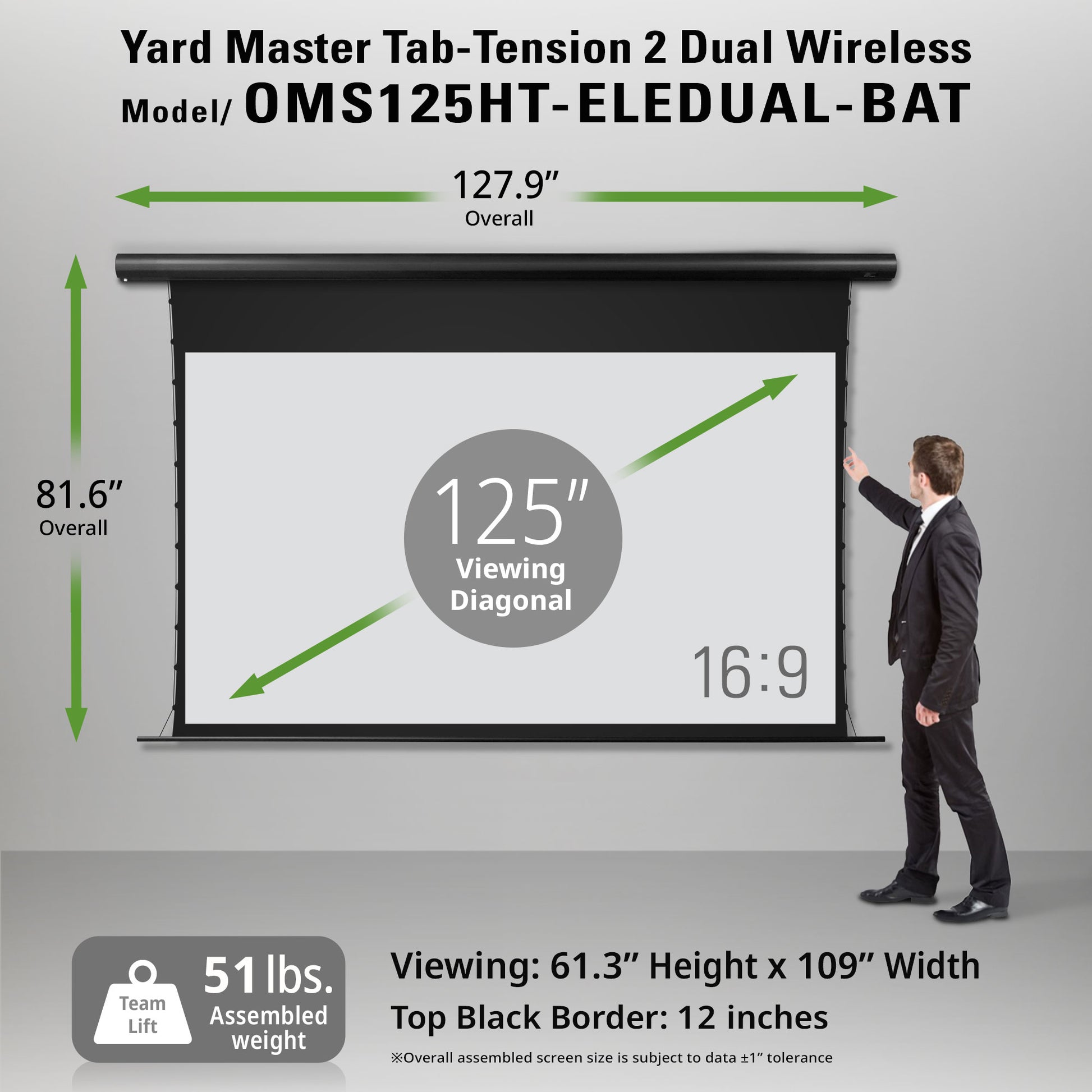 Yard Master Tab-Tension 2 Dual Wireless projection screen with dimensions and specifications displayed.