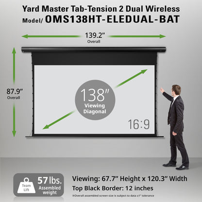 Yard Master Tab-Tension 2 Dual Wireless projection screen with dimensions and weight details.