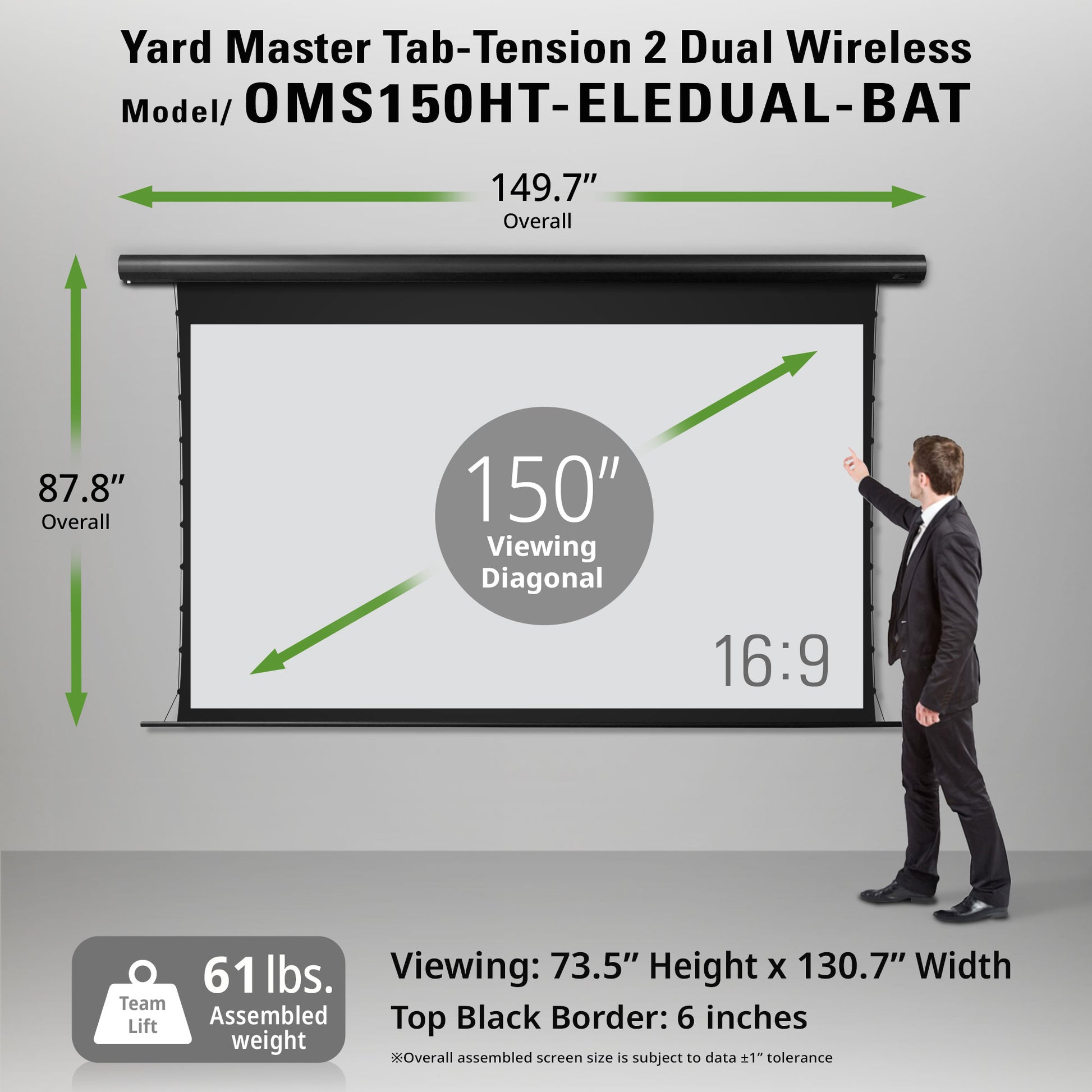 Yard Master Tab-Tension 2 Dual Wireless projection screen with dimensions and specifications displayed.