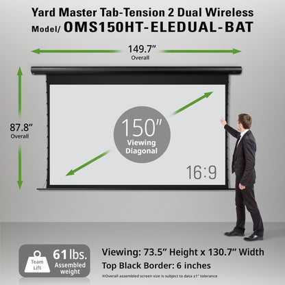 Yard Master Tab-Tension 2 Dual Wireless projection screen with dimensions and specifications displayed.