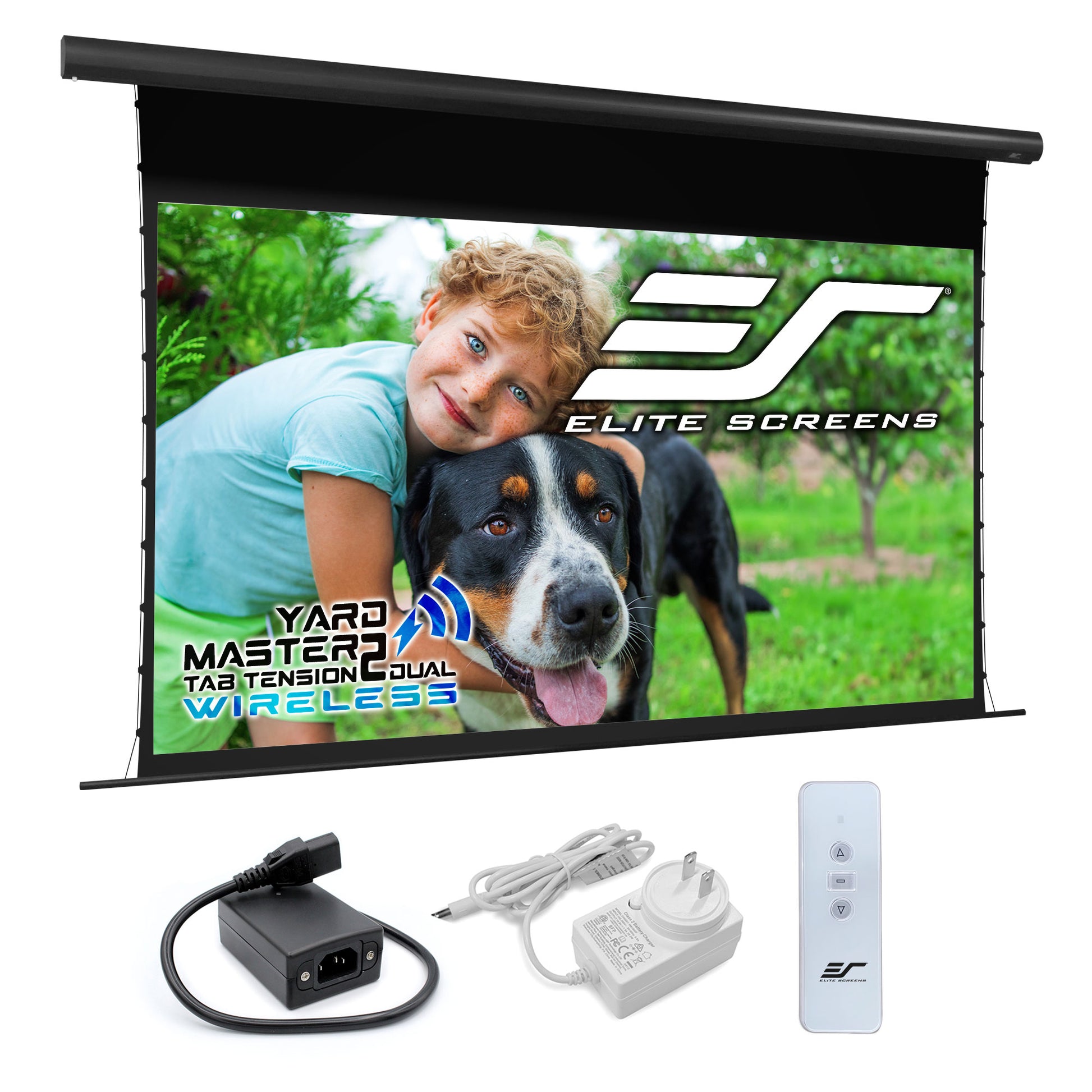 Elite Screens Yard Master 2 tab tension dual wireless projection screen with accessories on a white background