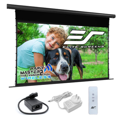 Elite Screens Yard Master 2 tab tension dual wireless projection screen with accessories on a white background