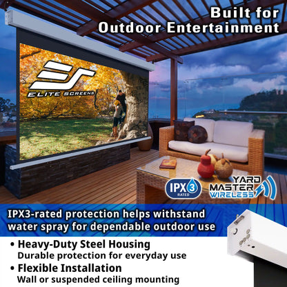 Outdoor patio movie screen by Elite Screening shown in a real patio environment with a sofa, table, ocean view, and promotional text including 'Built for Outdoor Entertainment,' 'IPX3 rated,' and 'Yard Master Wireless.' A product cutout is visible in the lower right corner.