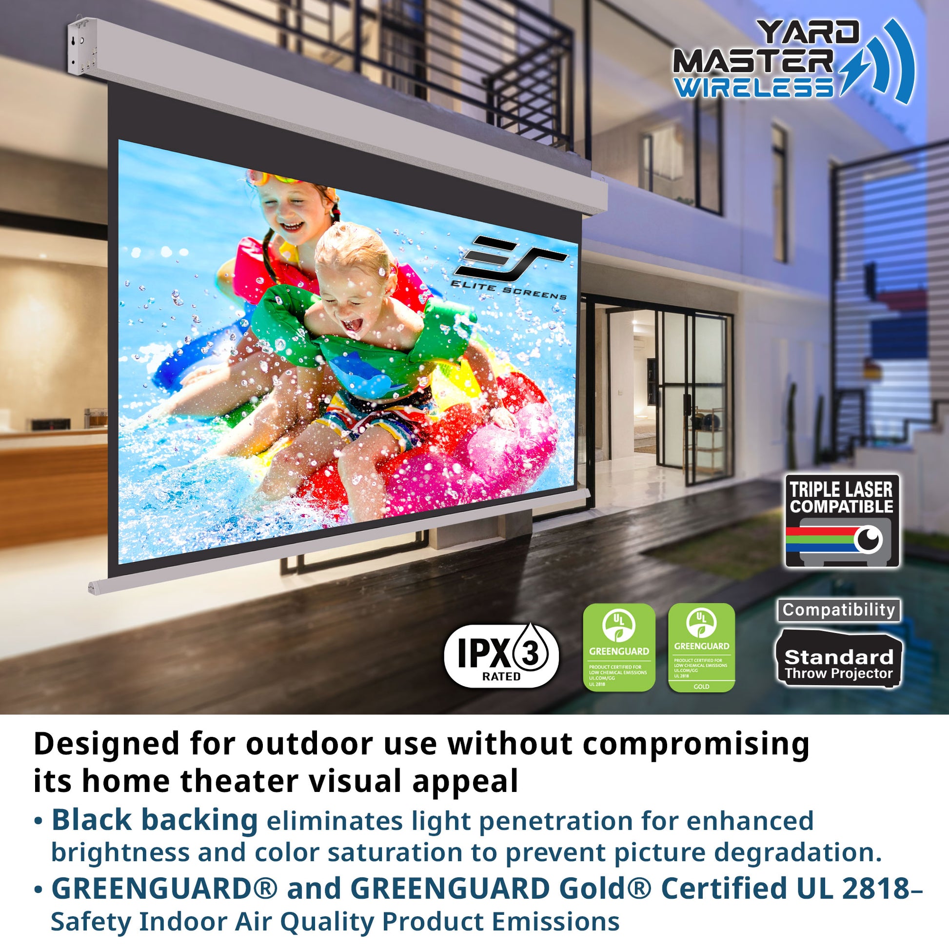 Outdoor projection screen with children playing on a inflatable ring displayed, featuring Elite Screens branding.