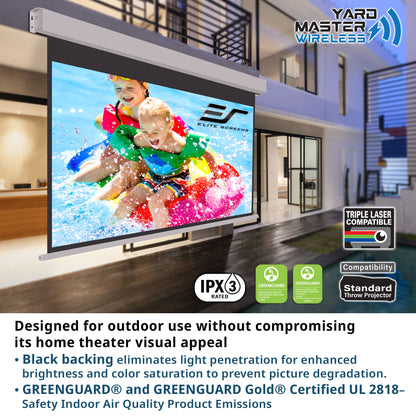 Outdoor projection screen with children playing on a inflatable ring displayed, featuring Elite Screens branding.