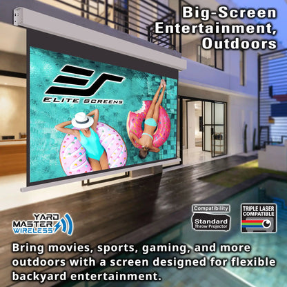 Outdoor retractable screen projector mounted above a pool area, displaying a large colorful movie scene on the screen. The image includes marketing text such as 'Big-Screen Entertainment, Outdoors,' 'Elite Screens,' 'Yard Master Wireless,' and compatibility badges.