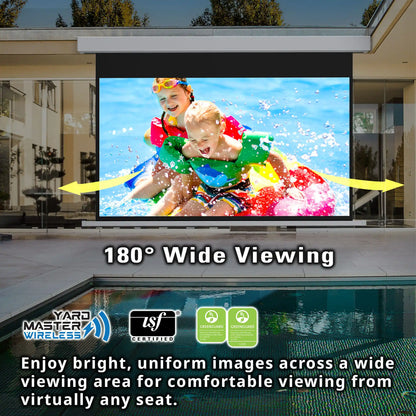 Outdoor retractable yard screen mounted above a swimming pool, showing a colorful scene of children in the water. The image includes text reading '180° Wide Viewing' and feature badges for wireless yard master and TSV Certified.