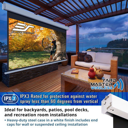 Outdoor living space with Elite Screens projector screen and Yard Master Wireless equipment.