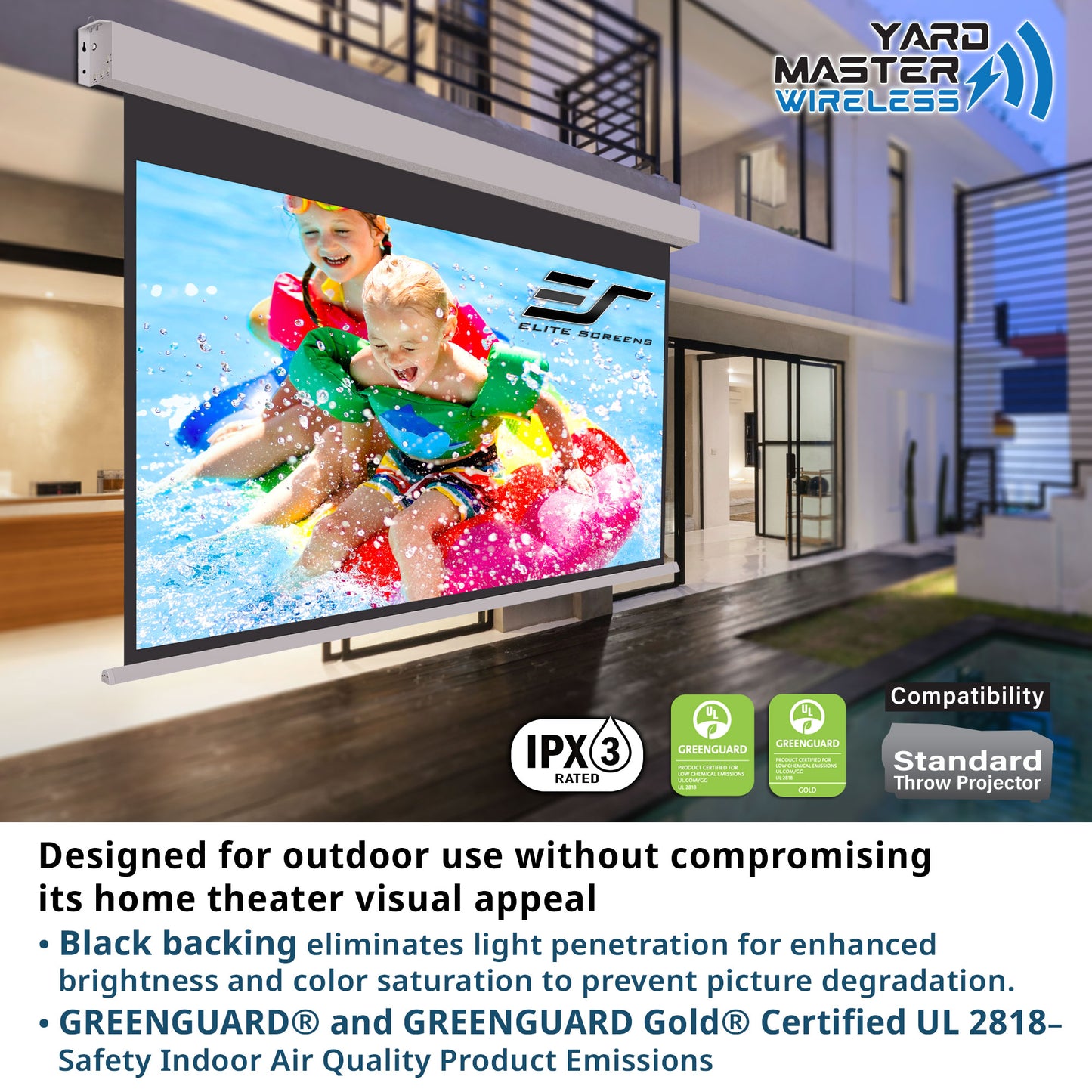 Outdoor projection screen with children playing on a inflatable ring, displayed in a modern home setting.