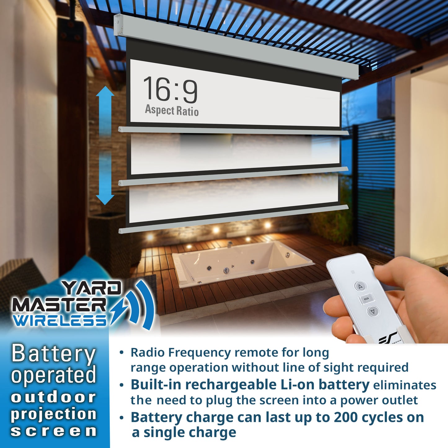 Outdoor projection screen with remote control and Yard Master Wireless branding.