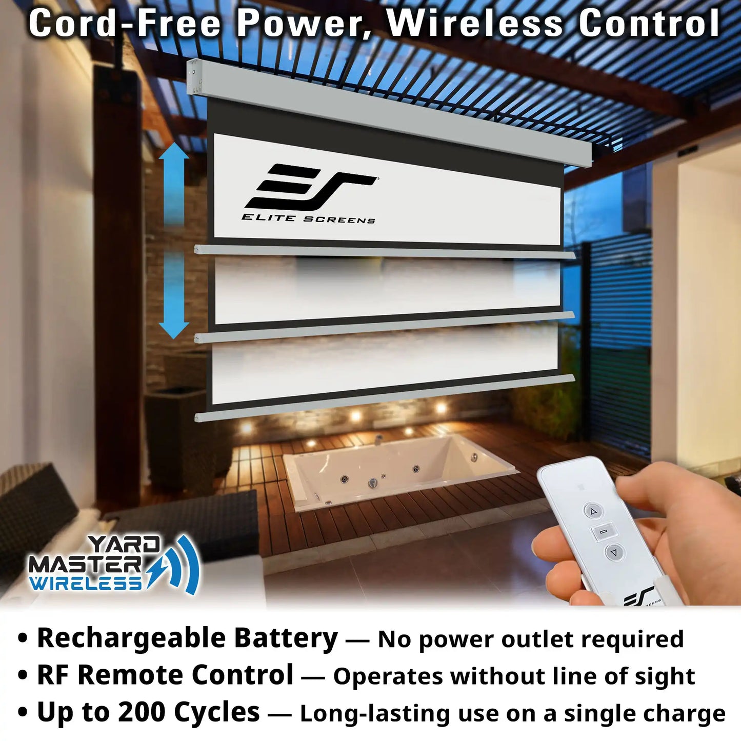 A cord-free retractable outdoor screen shown mounted above a hot tub in a modern bathroom/terrace setting, with a hand holding a white remote control in the lower right. Large text at the top reads 'Cord-Free Power, Wireless Control' and the screen displays the Elite Screens logo.