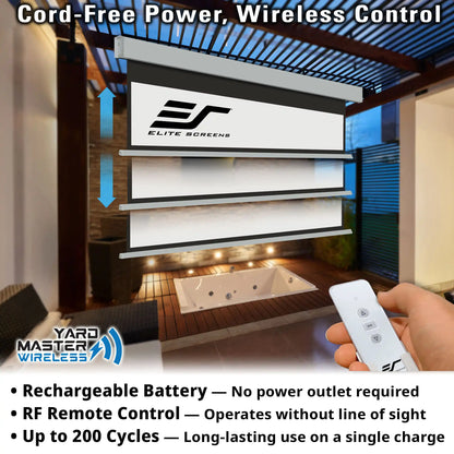 A cord-free retractable outdoor screen shown mounted above a hot tub in a modern bathroom/terrace setting, with a hand holding a white remote control in the lower right. Large text at the top reads 'Cord-Free Power, Wireless Control' and the screen displays the Elite Screens logo.