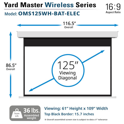 Yard Master Wireless Series projector screen with dimensions and specifications on a white background