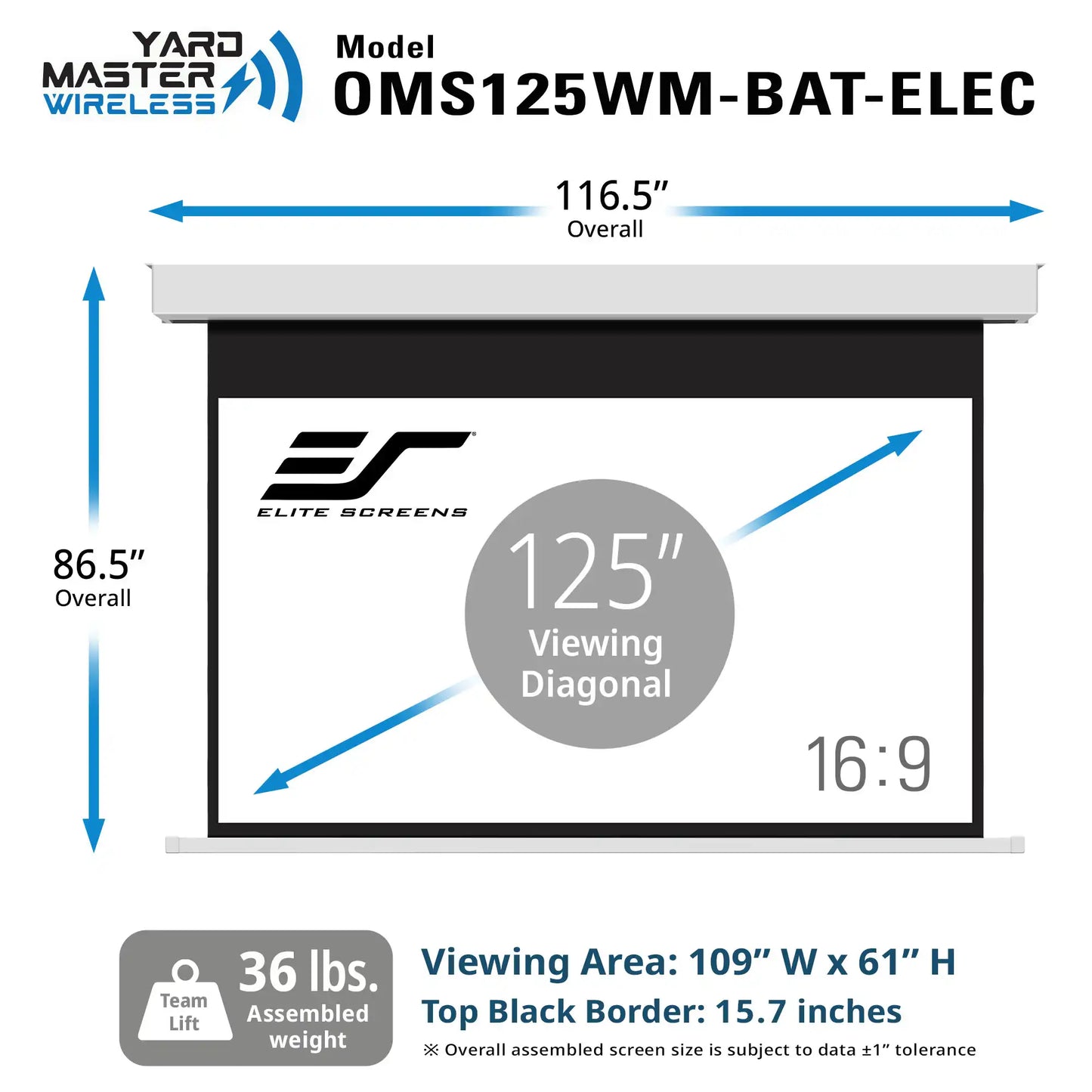Product information graphic for a wireless retractable screen projector. The image shows a white screen assembly with a black top border and a printed demo screen, with blue dimension arrows indicating an overall height of 86.