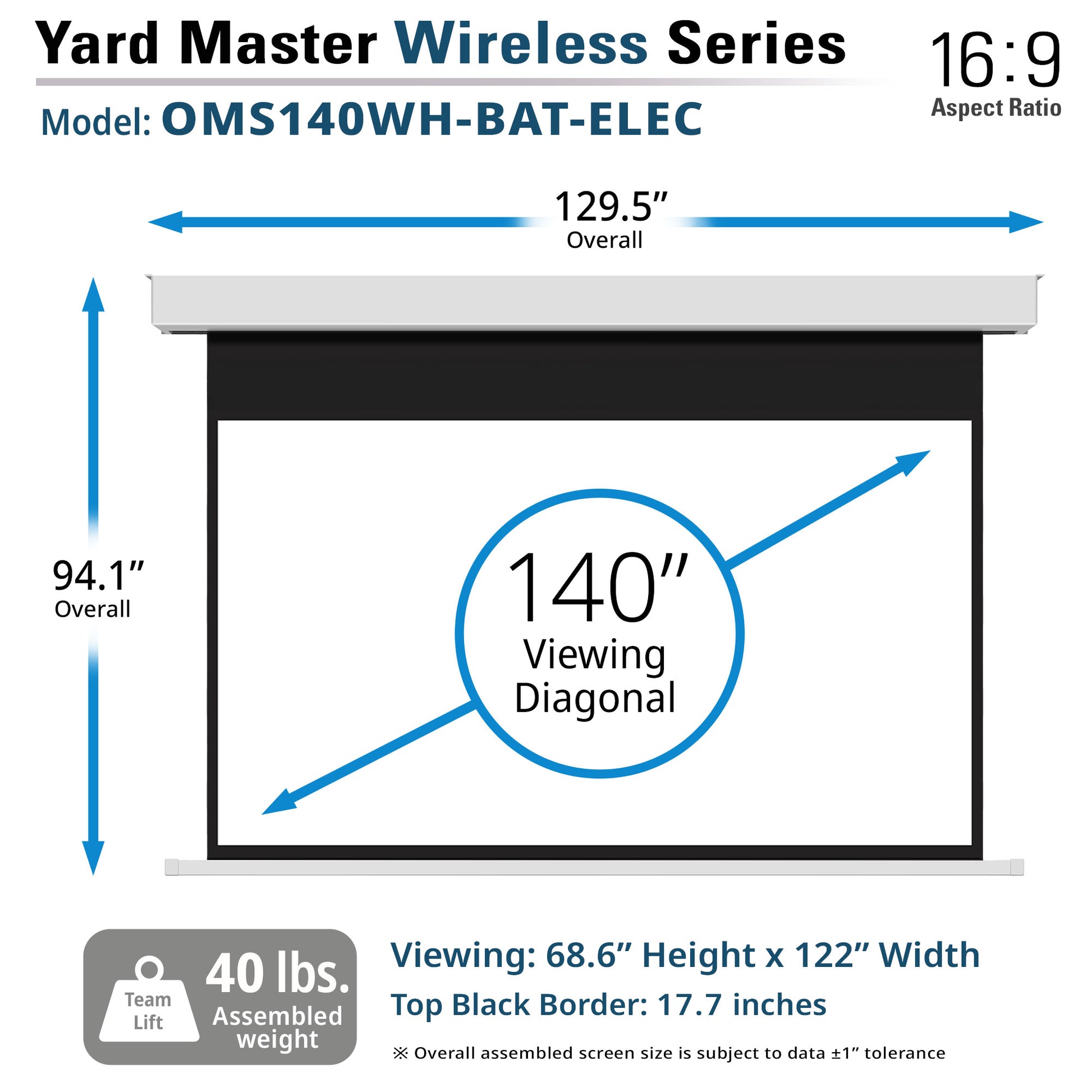 Yard Master Wireless Series projector screen with dimensions and specifications on a white background