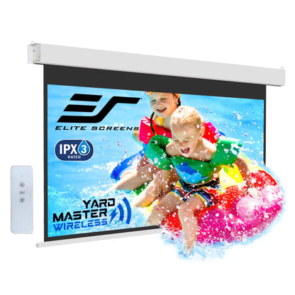 Elite Screens Yard Master Wireless outdoor projector screen with children playing on a inflatable ring displayed on it.