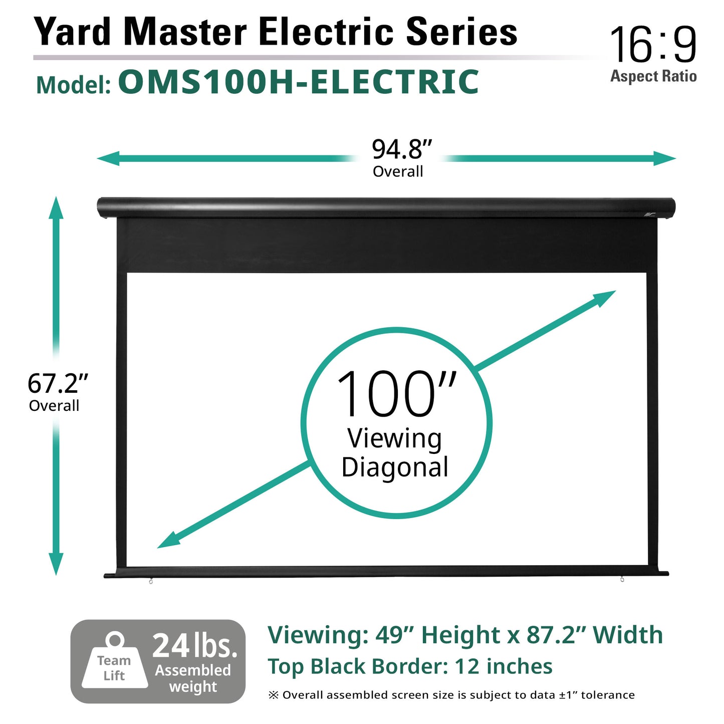Yard Master Electric Series projector screen with dimensions and specifications.