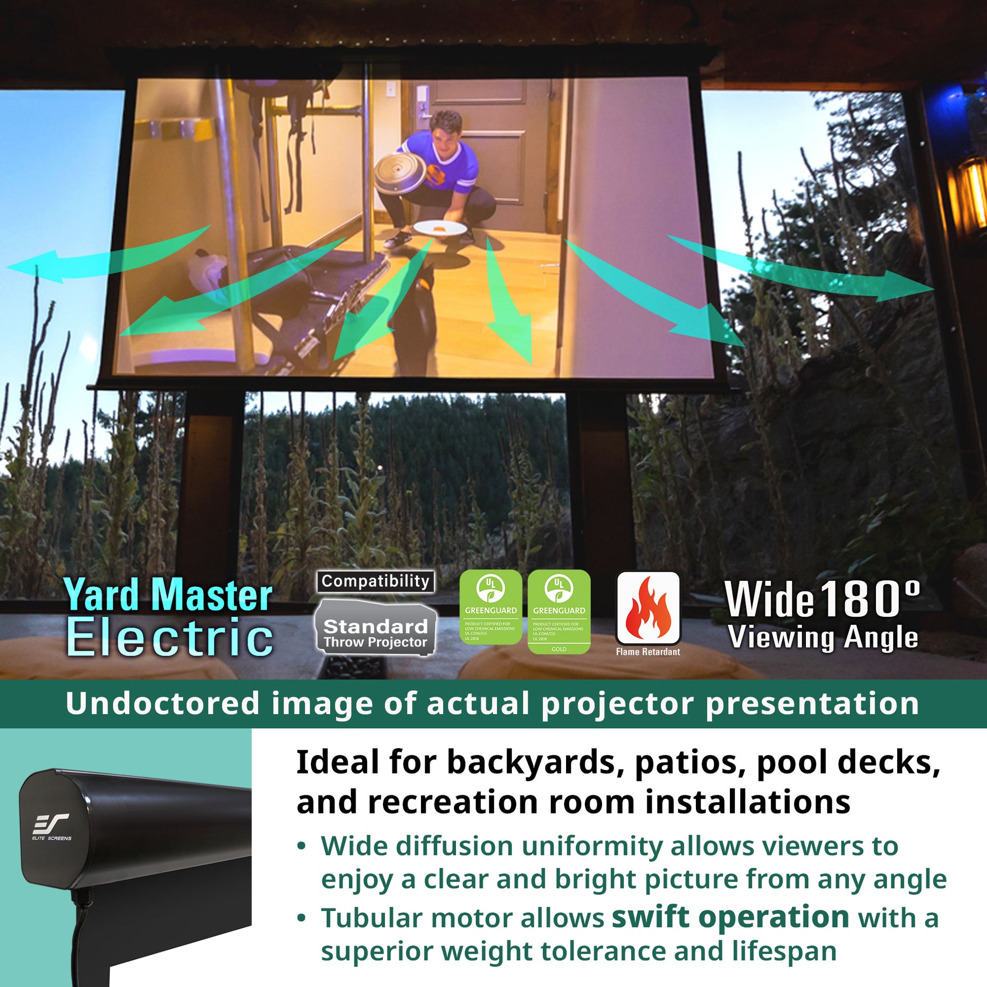 Outdoor setting with a projector screen displaying an image of a person cleaning a deck, with text highlighting features like compatibility and viewing angle.