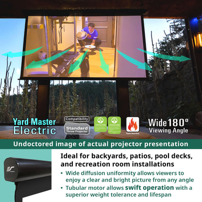 Outdoor setting with a projector screen displaying an image of a person cleaning a deck, with text highlighting features like compatibility and viewing angle.