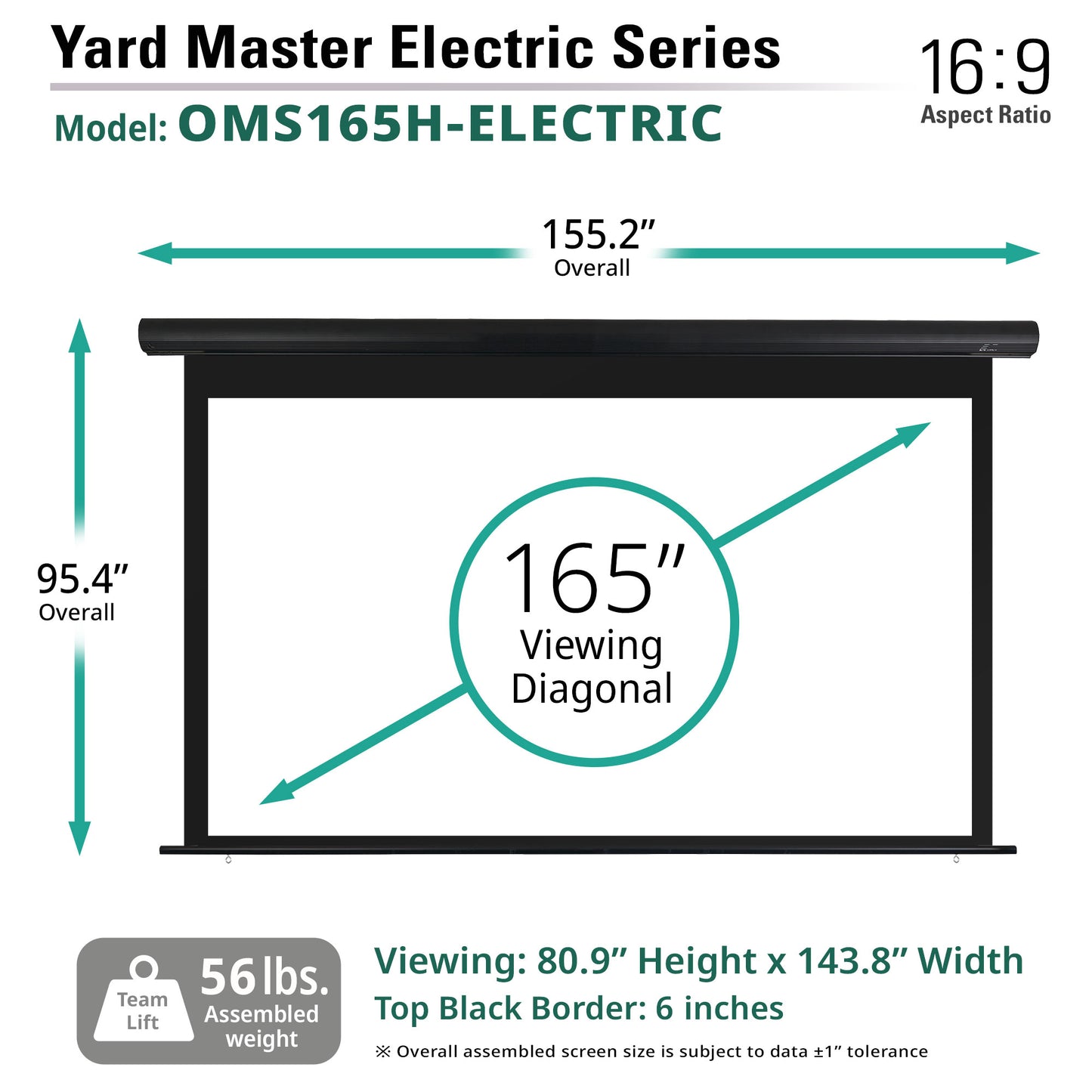 Yard Master Electric Series projector screen with dimensions and specifications on a white background