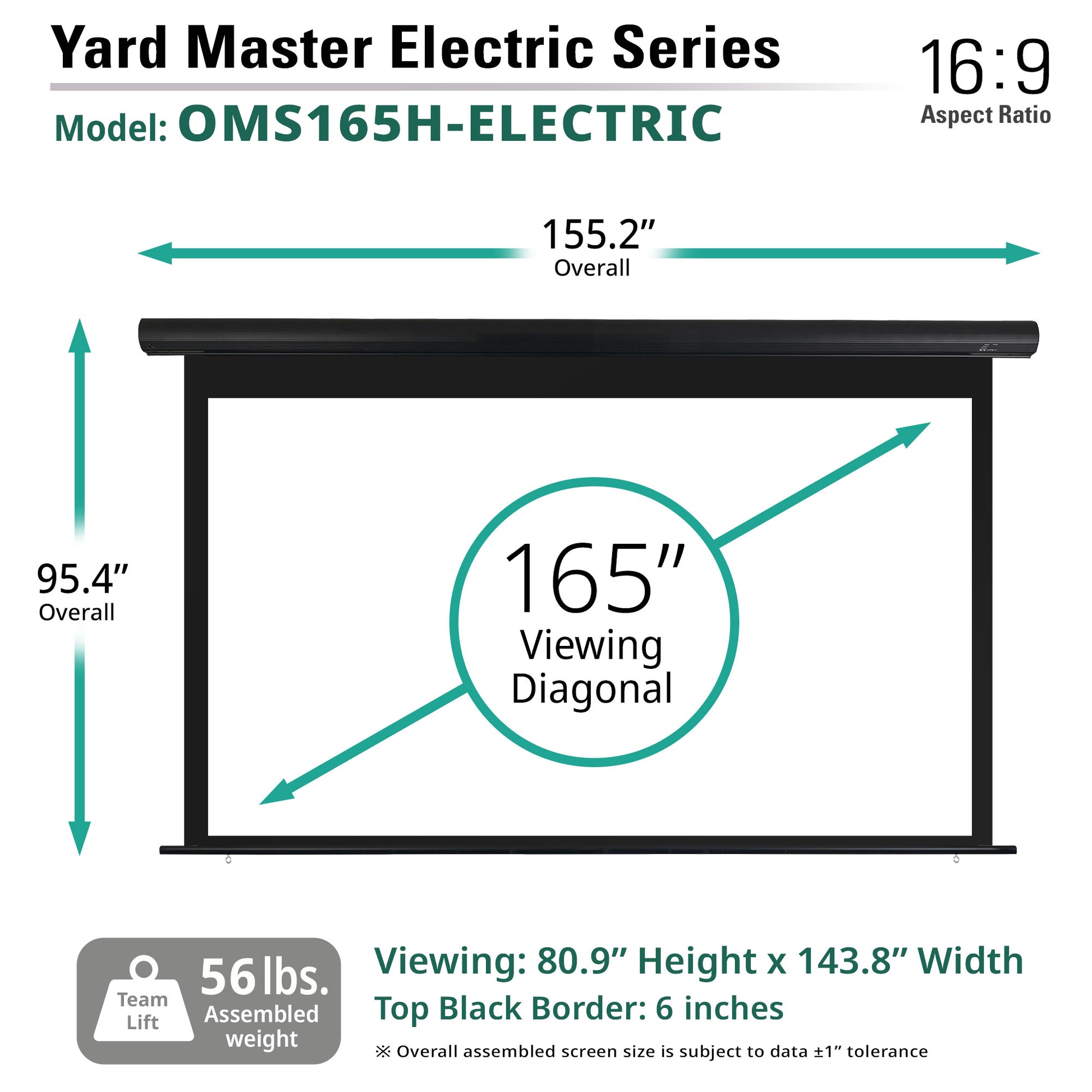 Yard Master Electric Series projector screen with dimensions and specifications on a white background