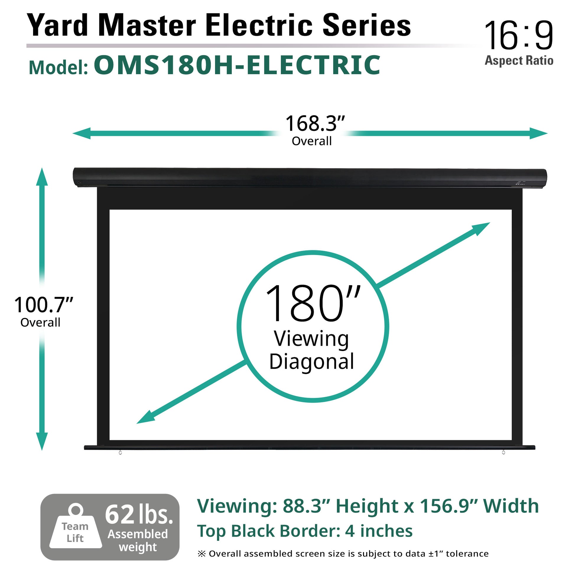 Yard Master Electric Series projector screen with dimensions and specifications on a white background