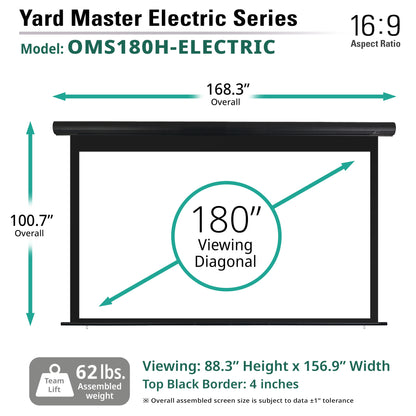 Yard Master Electric Series projector screen with dimensions and specifications on a white background