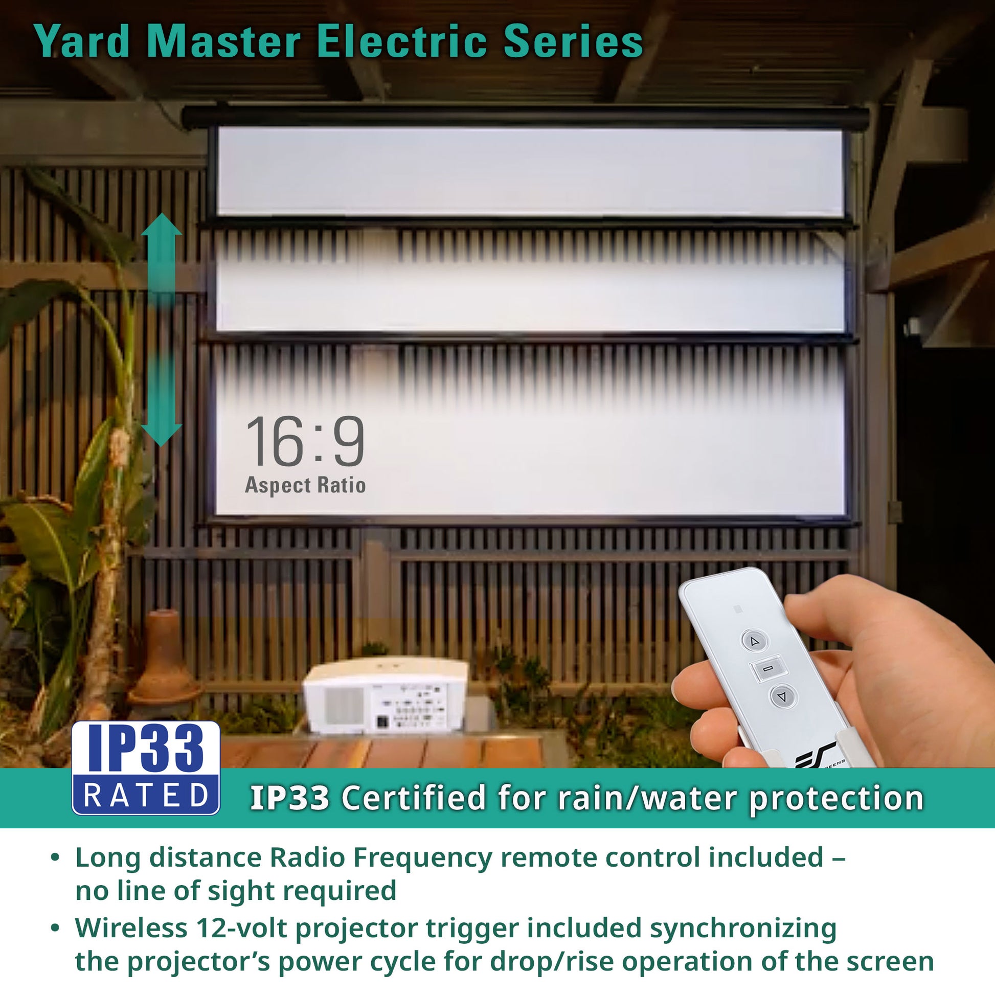 Yard Master Electric Series screen with remote control and text about IP33 rating and features.