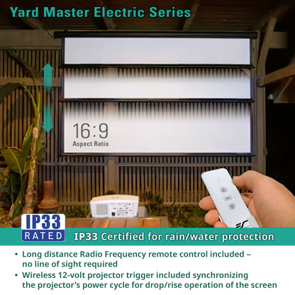 Yard Master Electric Series screen with remote control and text about IP33 rating and features.