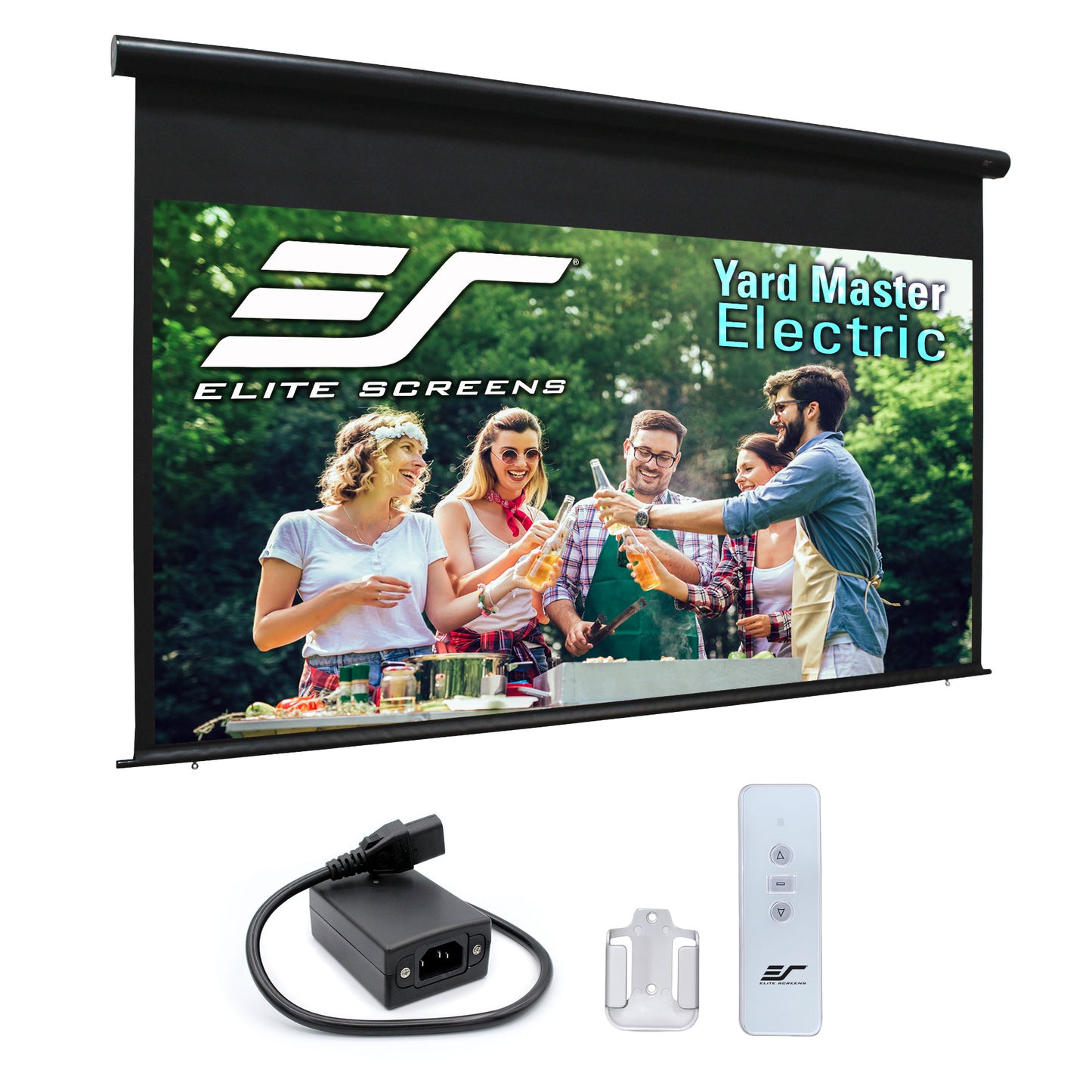 Elite Screens Yard Master Electric outdoor projection screen with control equipment on a white background
