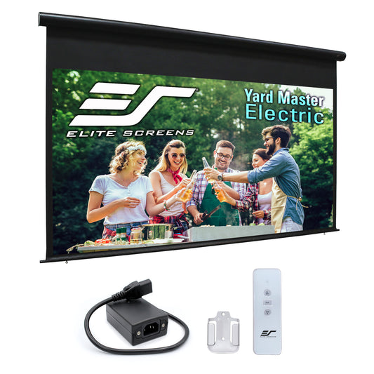 Elite Screens Yard Master Electric outdoor projection screen with control equipment on a white background
