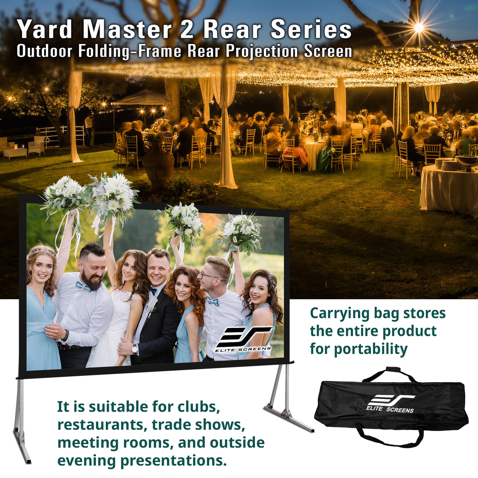 Yard Master 2 Rear Series outdoor projection screen with carrying bag displayed during an event.