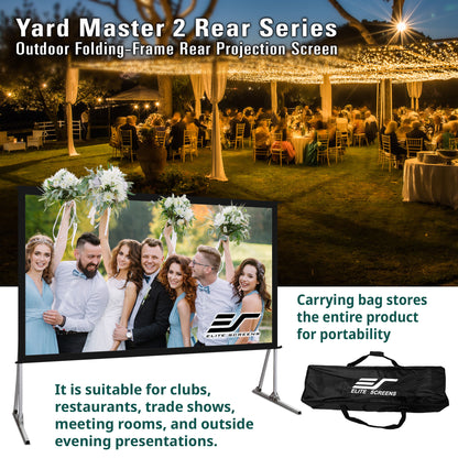 Yard Master 2 Rear Series outdoor projection screen with carrying bag displayed during an event.