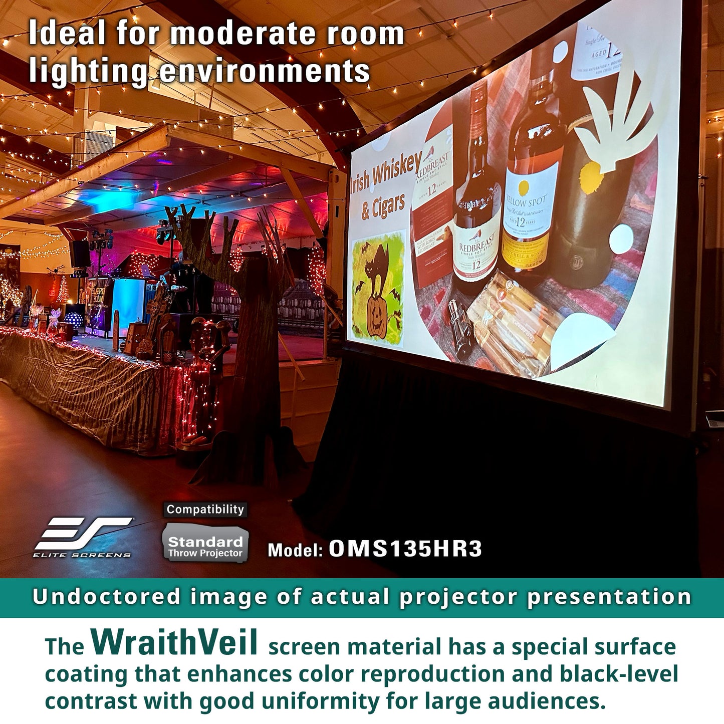 Projector screen in a room with a presentation on a screen, showing a product display.
