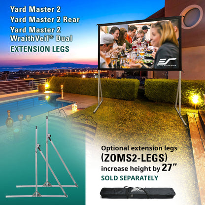 Outdoor setting with a large screen displaying people at a table, with extension legs for the screen shown on the left.