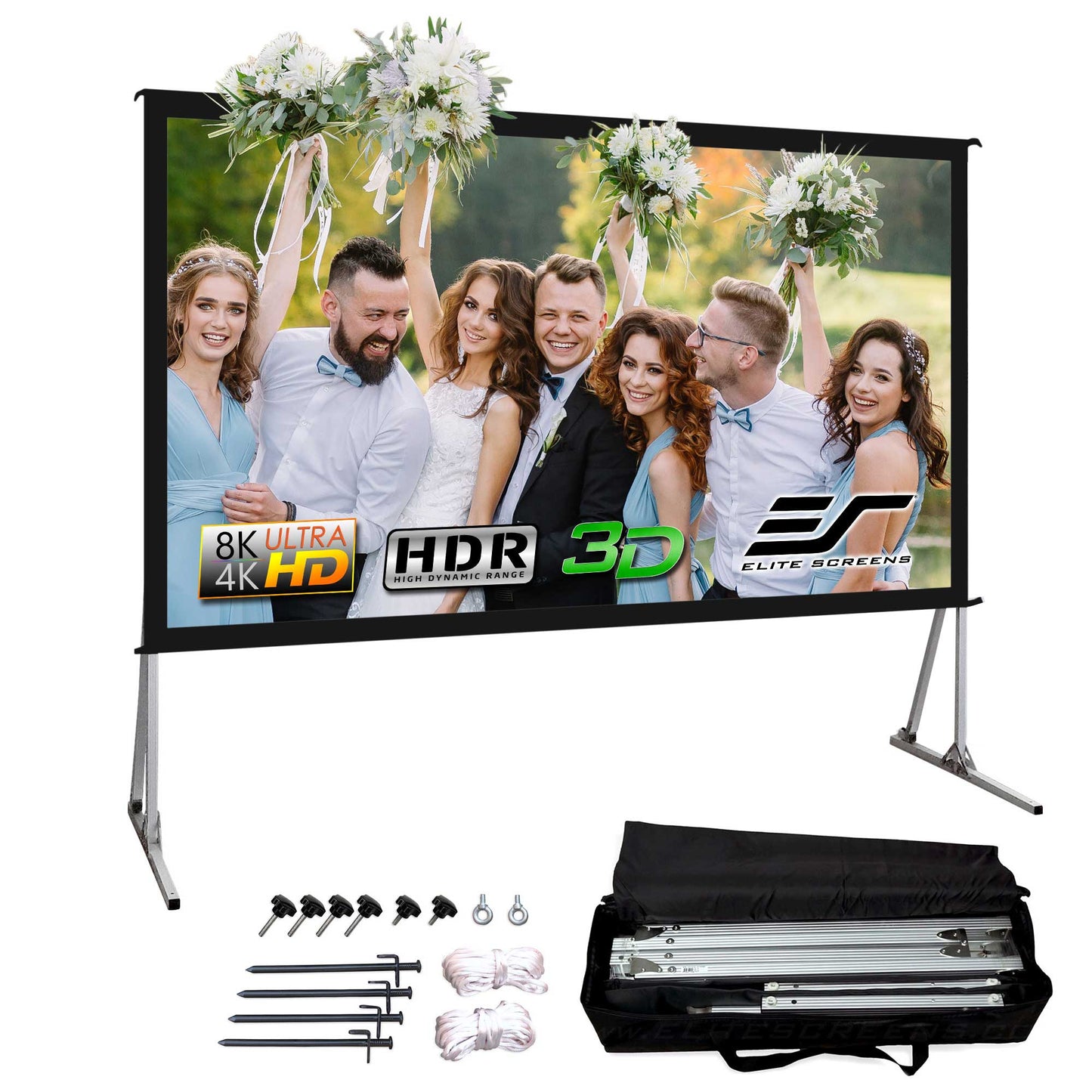 Portable outdoor projector screen with accessories on a white background