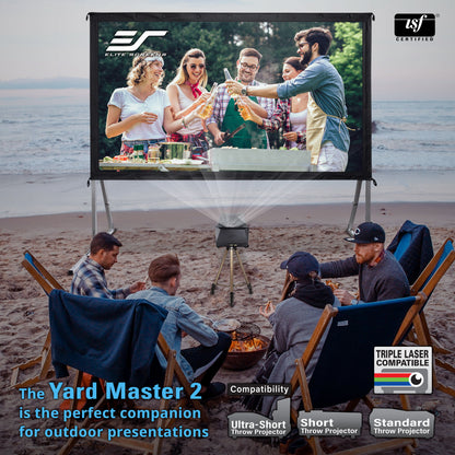 Outdoor scene with people watching a screen displaying a group of friends at a barbecue, with Elite Screens and USF branding.