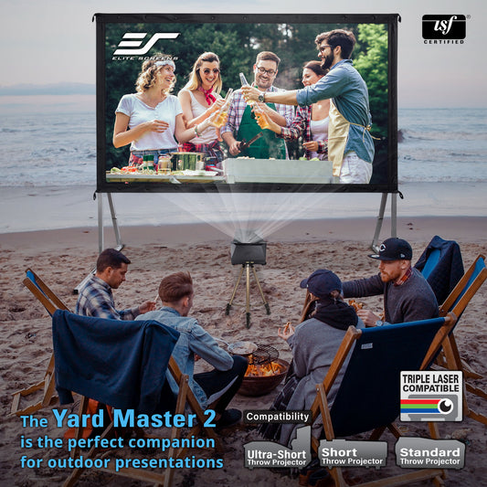 Outdoor scene with people watching a screen displaying a group of friends at a barbecue, with Elite Screens and USF branding.