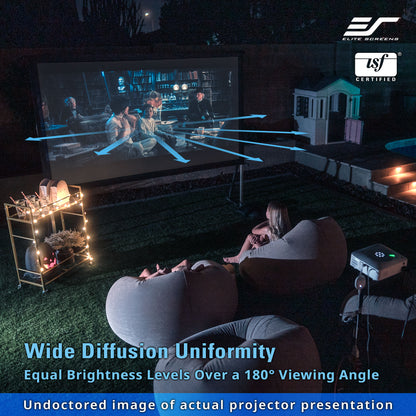 Two people sitting in a dark room watching a movie on a large screen with Elite Screens logo.