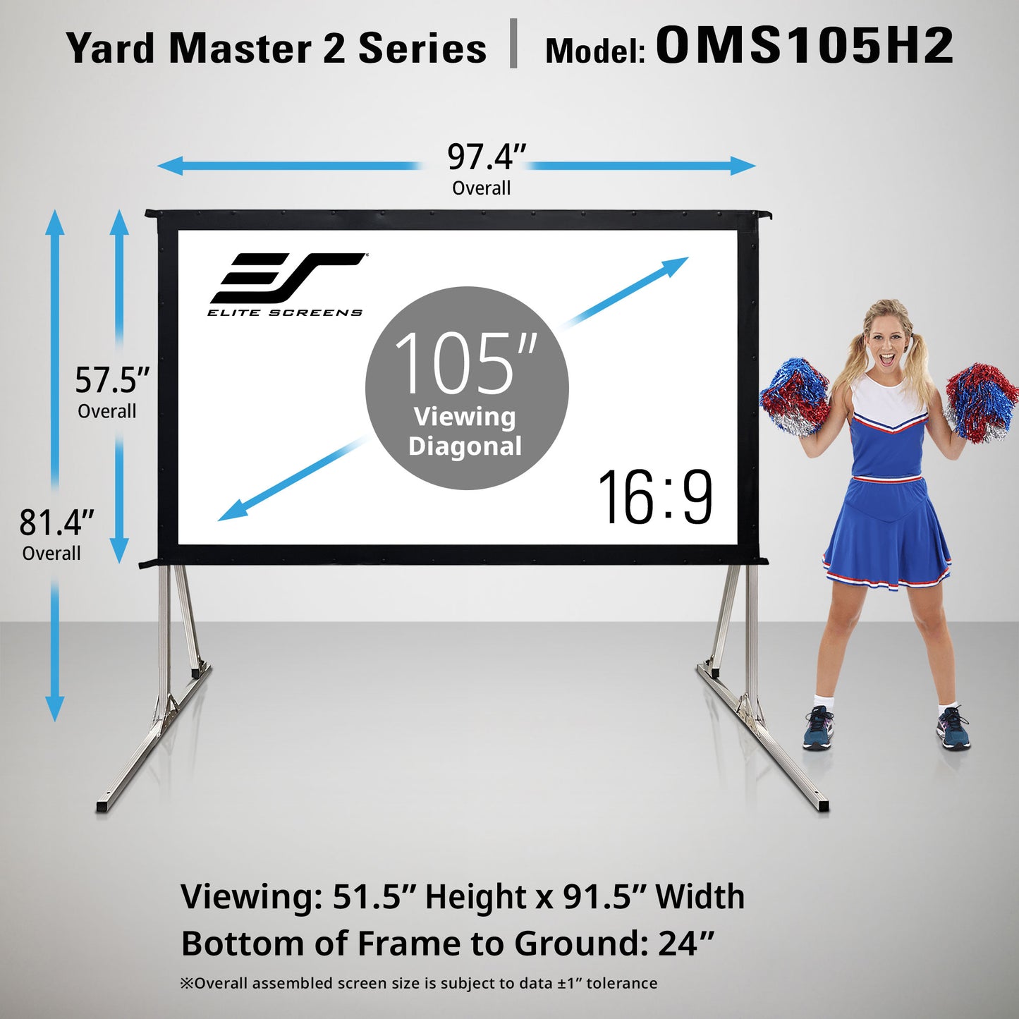 Elite Screens Yard Master 2 Series 105-inch outdoor projection screen, model OMS105H2, shown assembled with its metal stand on a light gray background. The image features dimension callouts for the overall height, viewing diagonal, and depth, along with a female cheerleader model on the right holding red and blue pom-poms.