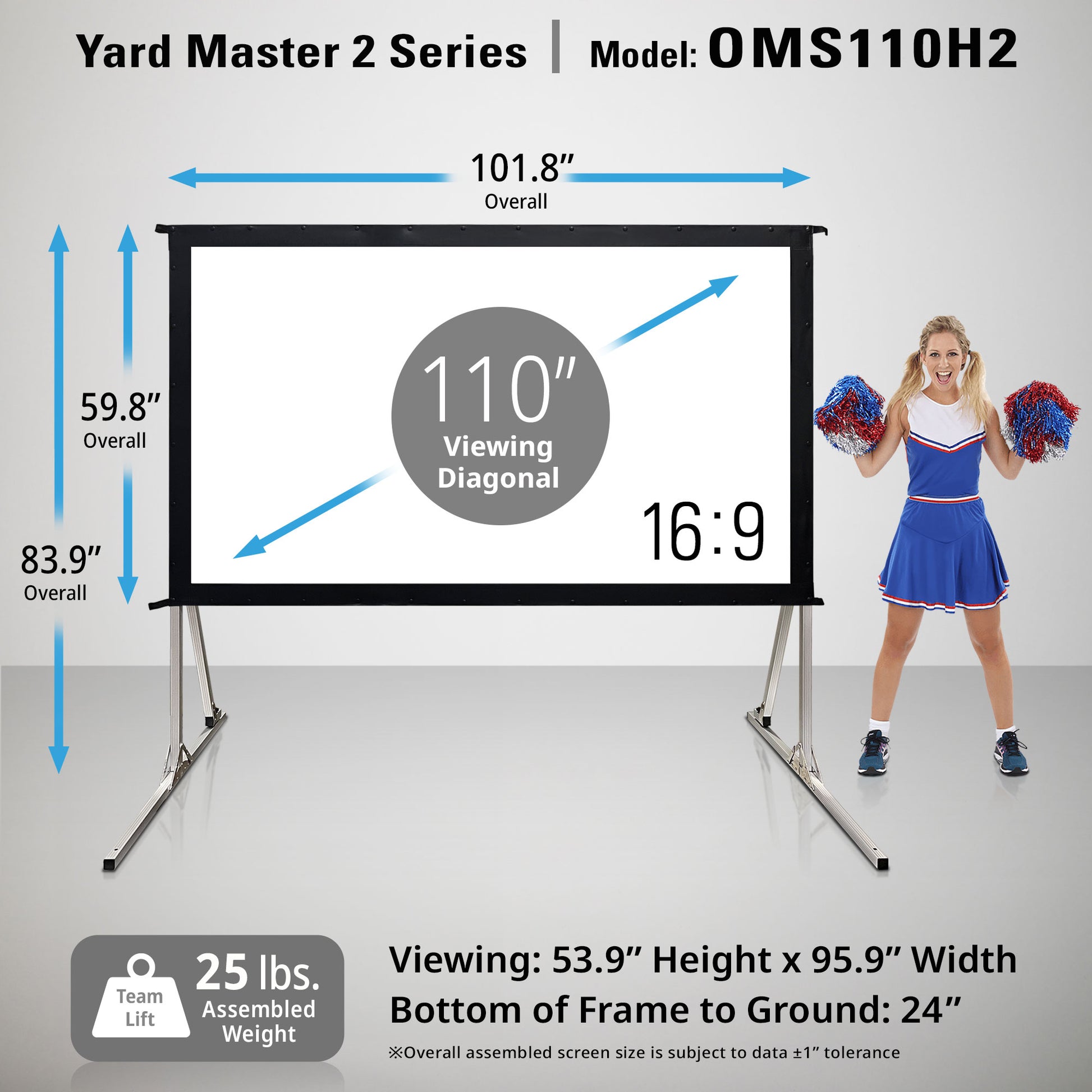 Projection screen with dimensions and cheerleader for scale on a gray background