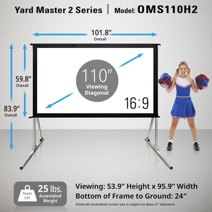 Projection screen with dimensions and cheerleader for scale on a gray background