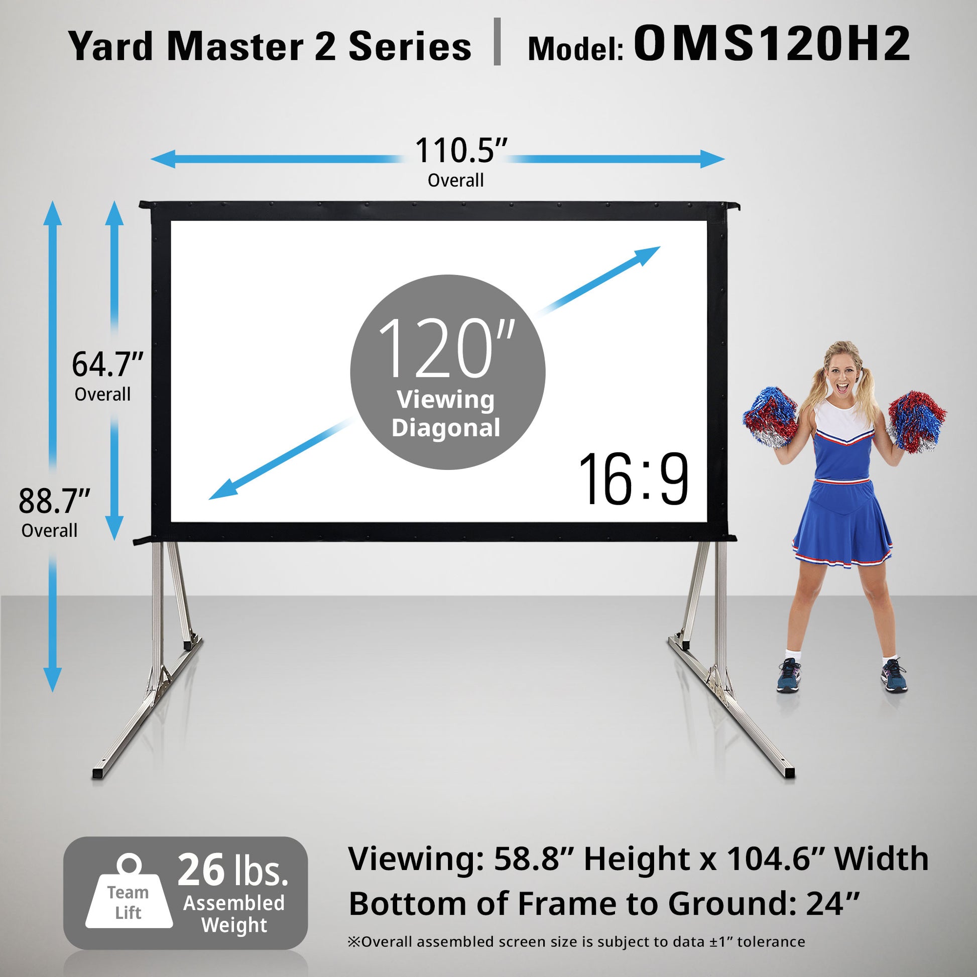Yard Master 2 Series projector screen with dimensions and cheerleader for scale