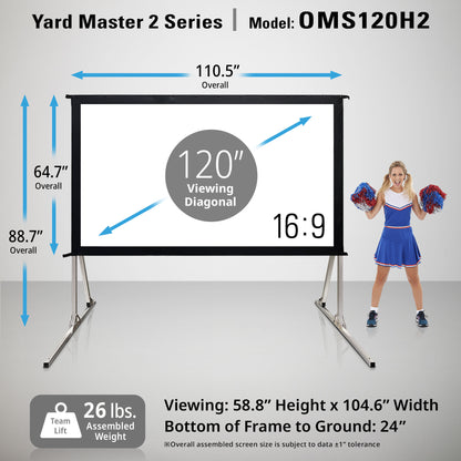 Yard Master 2 Series projector screen with dimensions and cheerleader for scale
